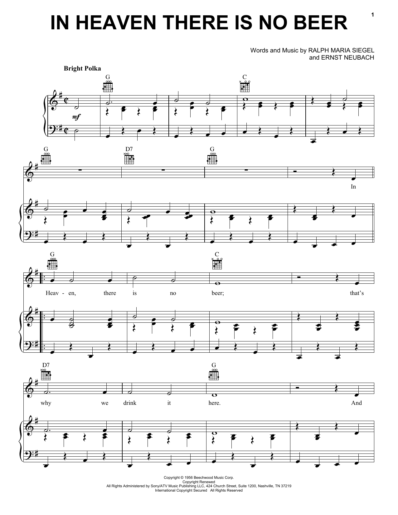 Ernst Neubach In Heaven There Is No Beer sheet music notes and chords arranged for Piano, Vocal & Guitar Chords (Right-Hand Melody)