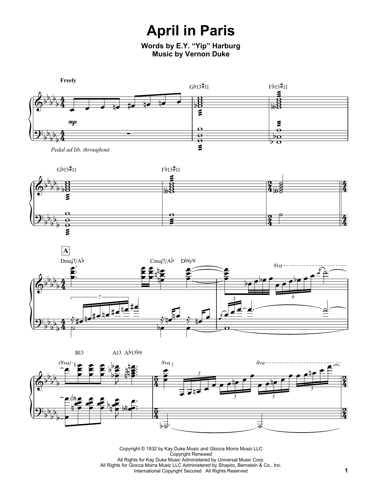 Erroll Garner April In Paris sheet music notes and chords arranged for Piano Transcription