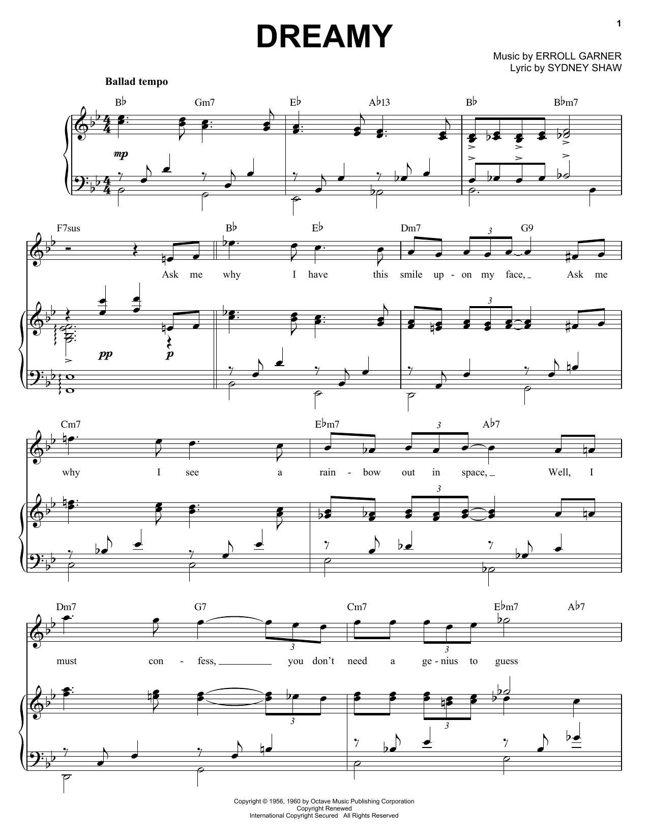 Erroll Garner Dreamy sheet music notes and chords arranged for Piano, Vocal & Guitar Chords (Right-Hand Melody)