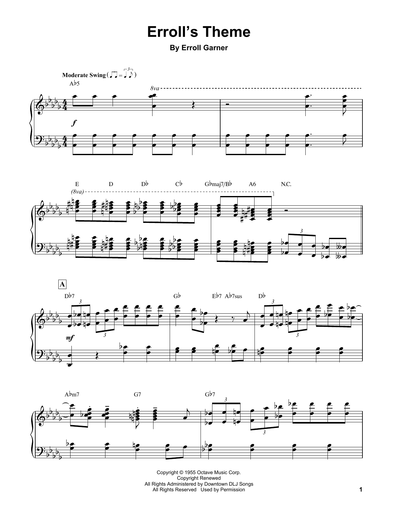 Erroll Garner Erroll's Theme sheet music notes and chords arranged for Piano Transcription