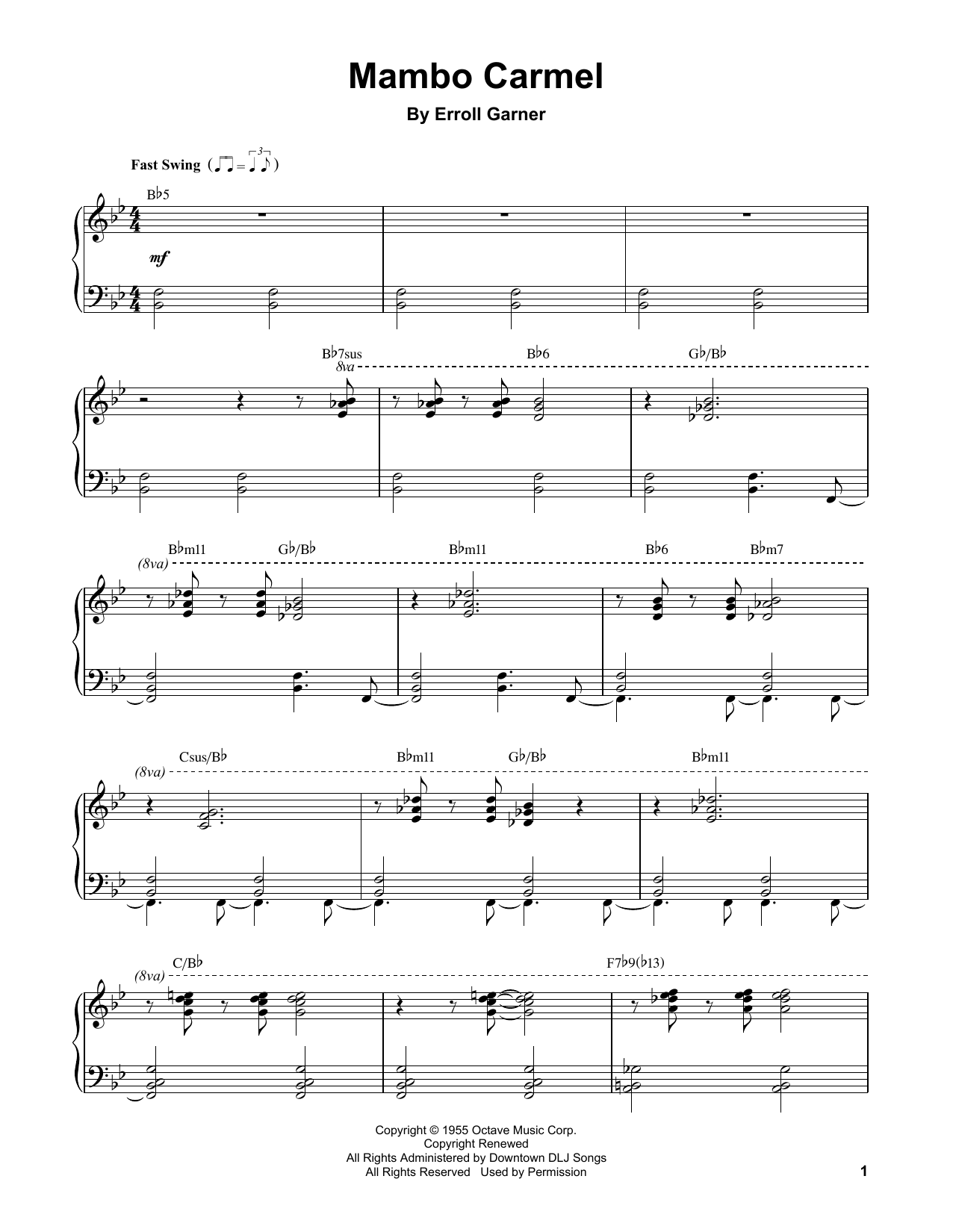 Erroll Garner Mambo Carmel sheet music notes and chords arranged for Piano Transcription