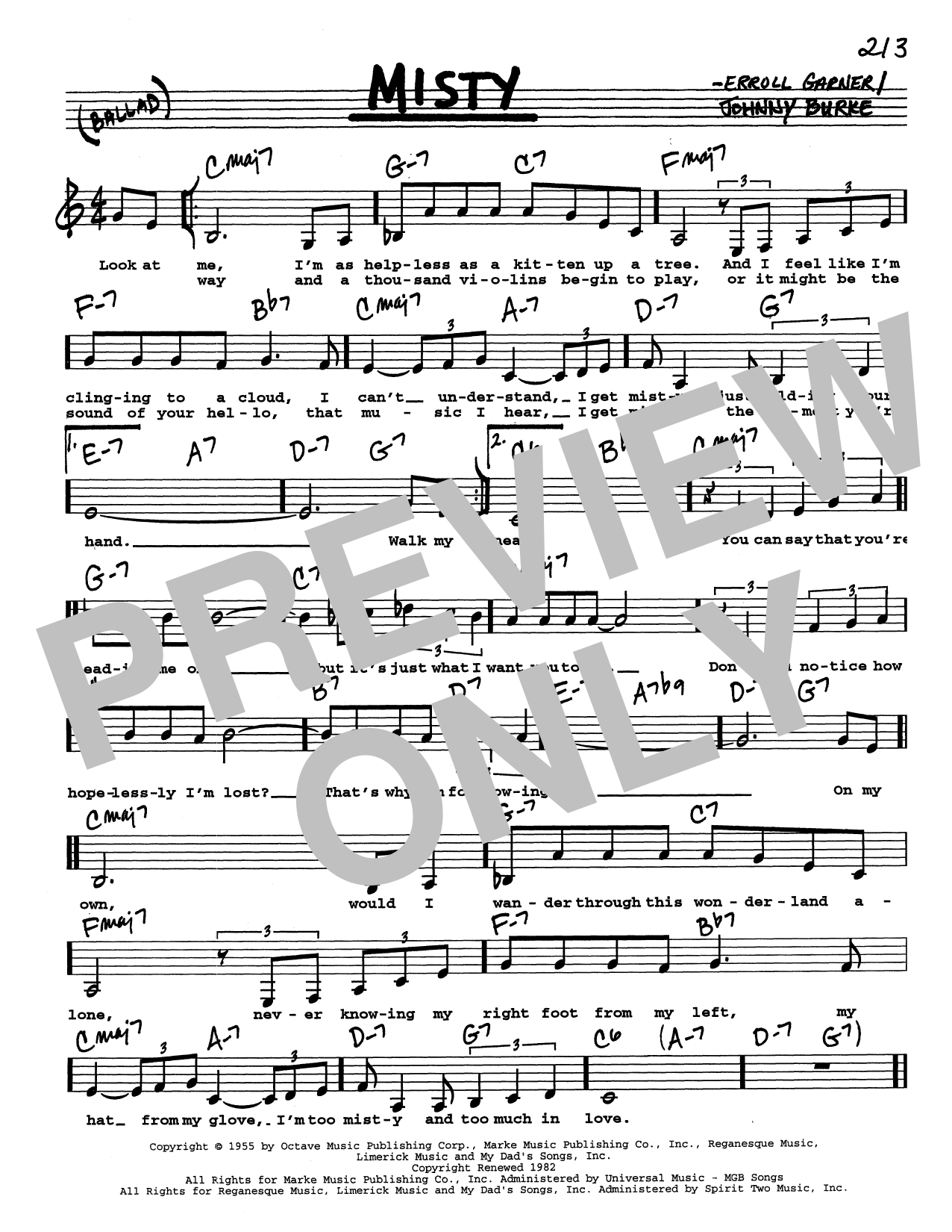 Erroll Garner Misty (Low Voice) sheet music notes and chords arranged for Real Book – Melody, Lyrics & Chords