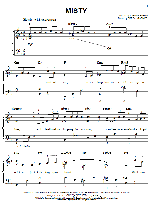 Erroll Garner Misty sheet music notes and chords arranged for Piano Chords/Lyrics