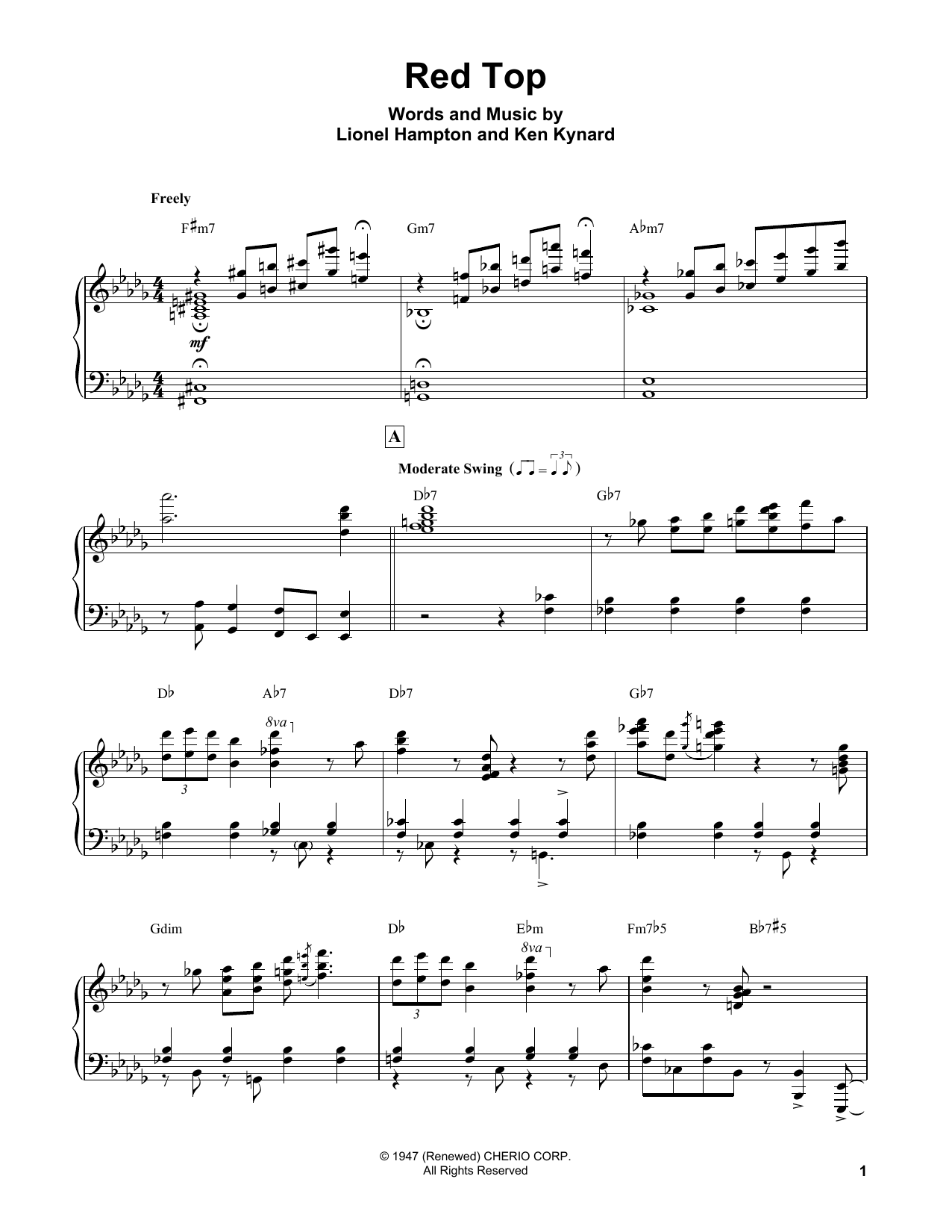 Erroll Garner Red Top sheet music notes and chords arranged for Piano Transcription
