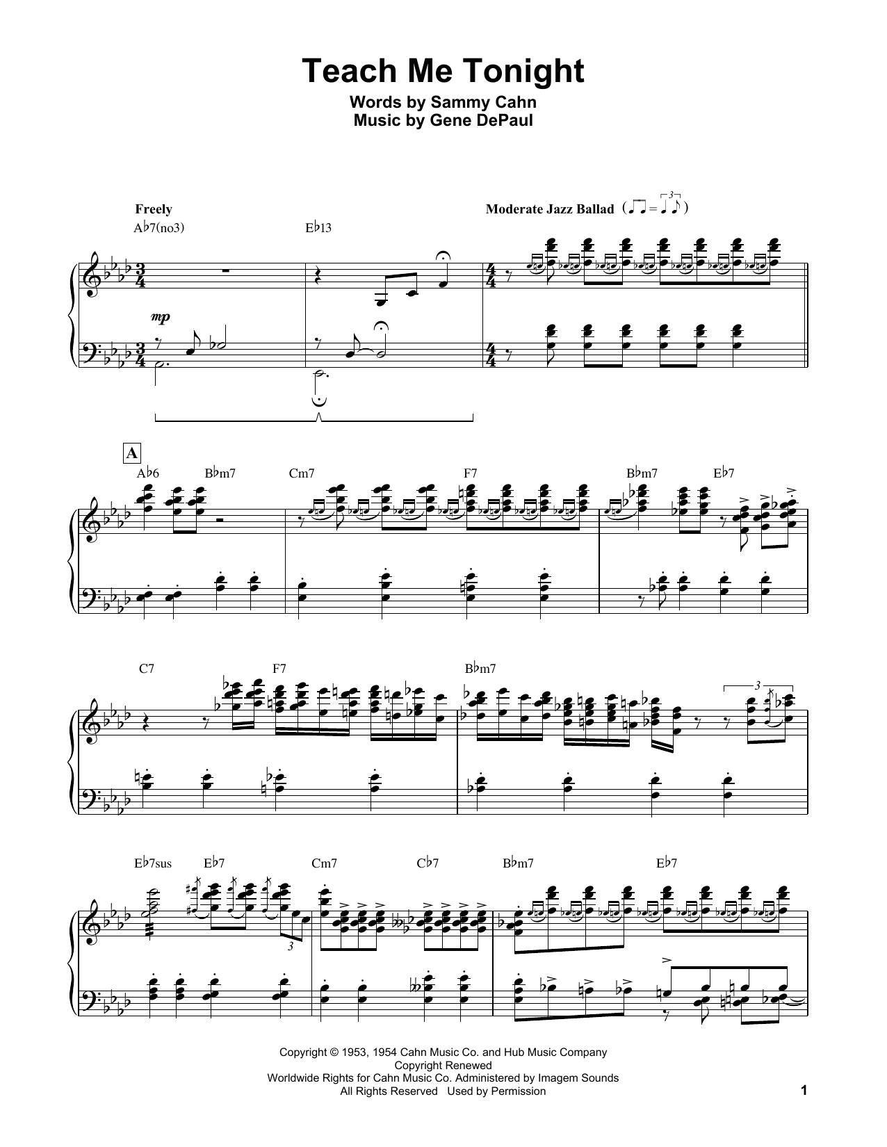 Erroll Garner Teach Me Tonight sheet music notes and chords arranged for Piano Transcription