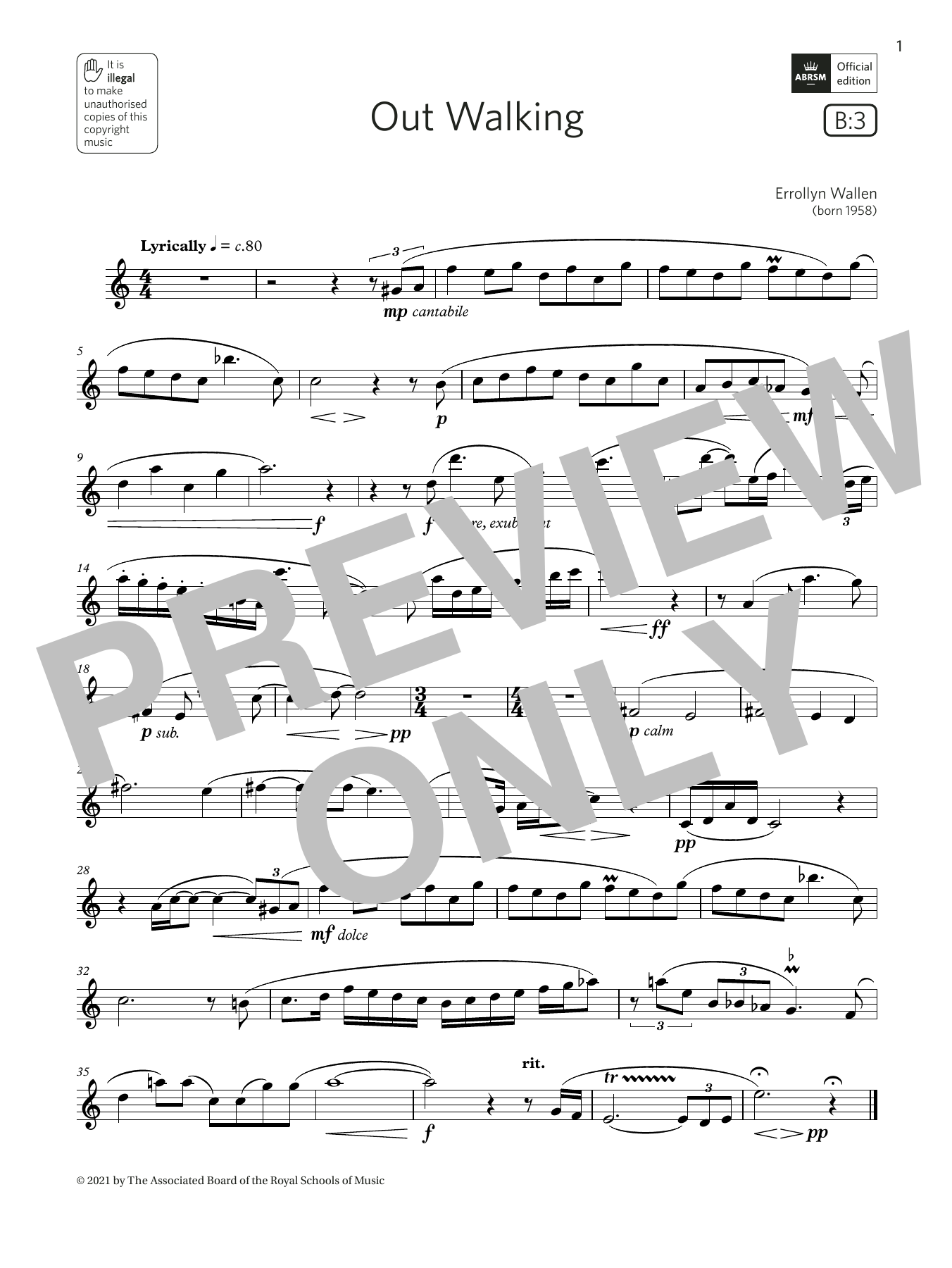 Errollyn Wallen Out Walking (Grade 5 List B3 from the ABRSM Flute syllabus from 2022) sheet music notes and chords arranged for Flute Solo