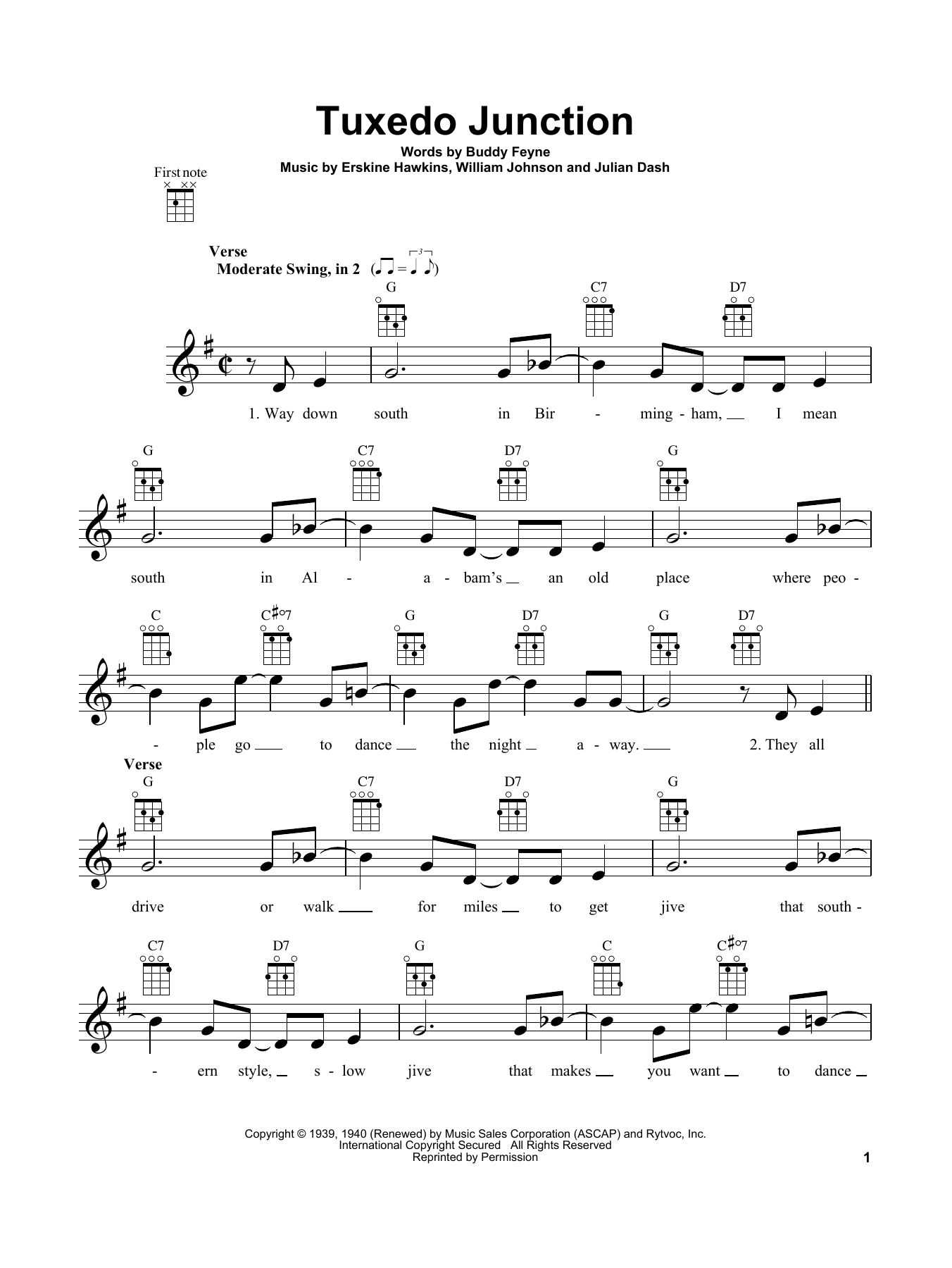 Erskine Hawkins Tuxedo Junction sheet music notes and chords arranged for Ukulele