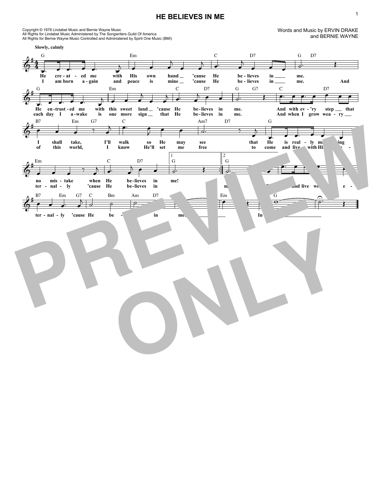 Ervin Drake He Believes In Me sheet music notes and chords arranged for Lead Sheet / Fake Book