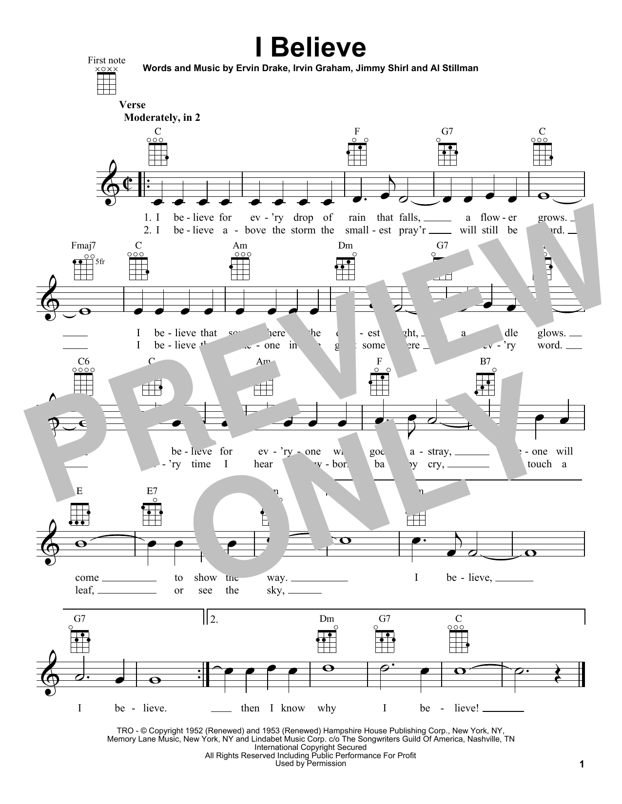 Ervin Drake I Believe sheet music notes and chords arranged for Easy Piano