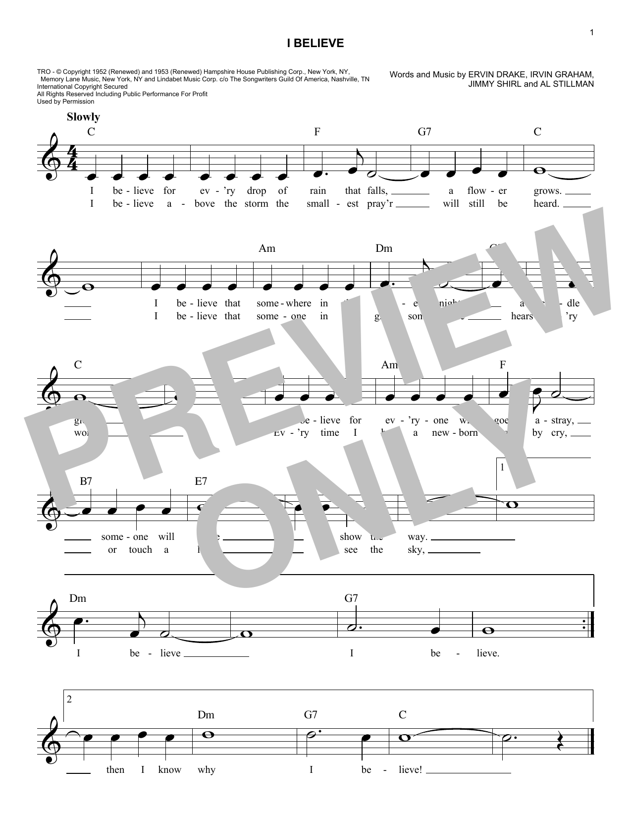 Ervin Drake, Irvin Graham, Jimmy Shirl and Al Stillman I Believe sheet music notes and chords arranged for Easy Lead Sheet / Fake Book