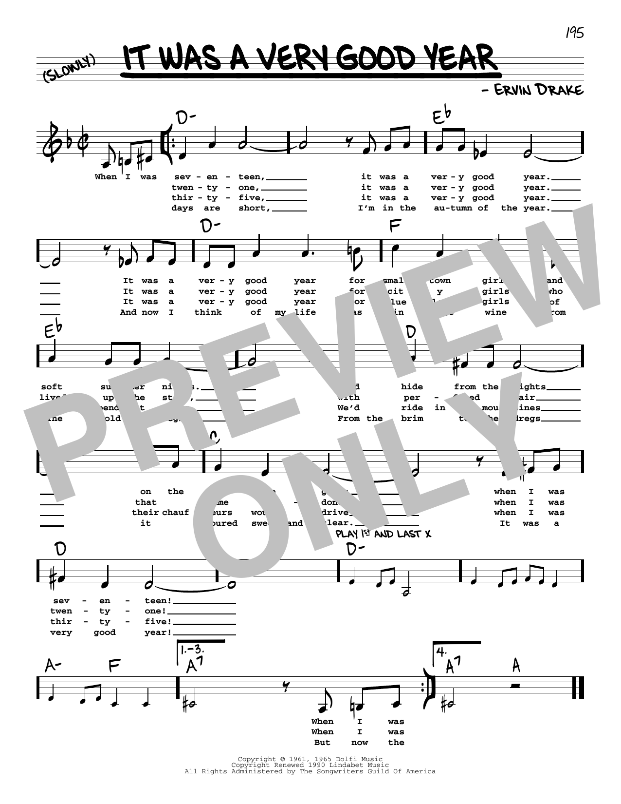 Ervin Drake It Was A Very Good Year (Low Voice) sheet music notes and chords arranged for Real Book – Melody, Lyrics & Chords