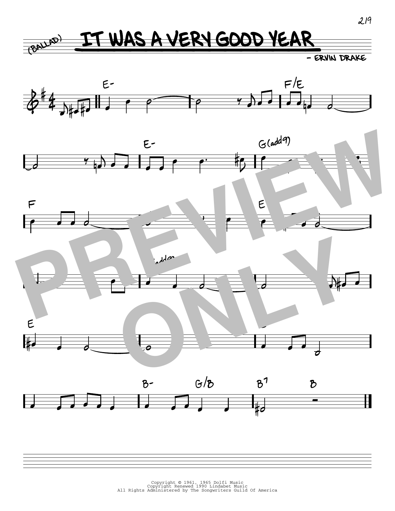 Ervin Drake It Was A Very Good Year sheet music notes and chords arranged for Real Book – Melody & Chords