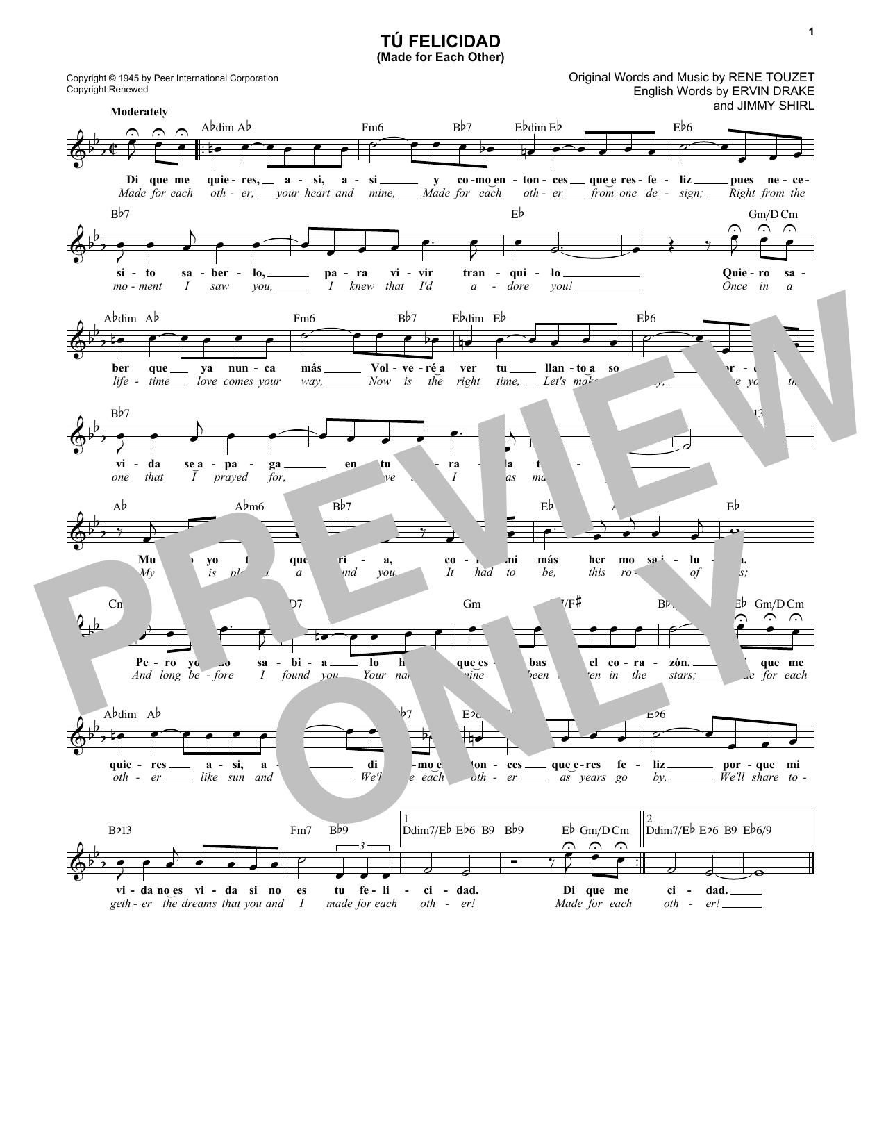 Ervin Drake Tu Felicidad (Made For Each Other) sheet music notes and chords arranged for Lead Sheet / Fake Book