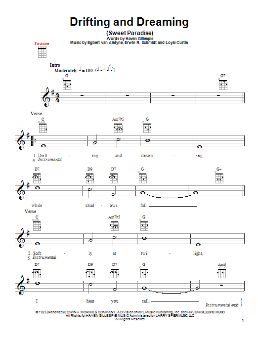 Erwin R. Schmidt Drifting And Dreaming (Sweet Paradise) sheet music notes and chords arranged for Ukulele