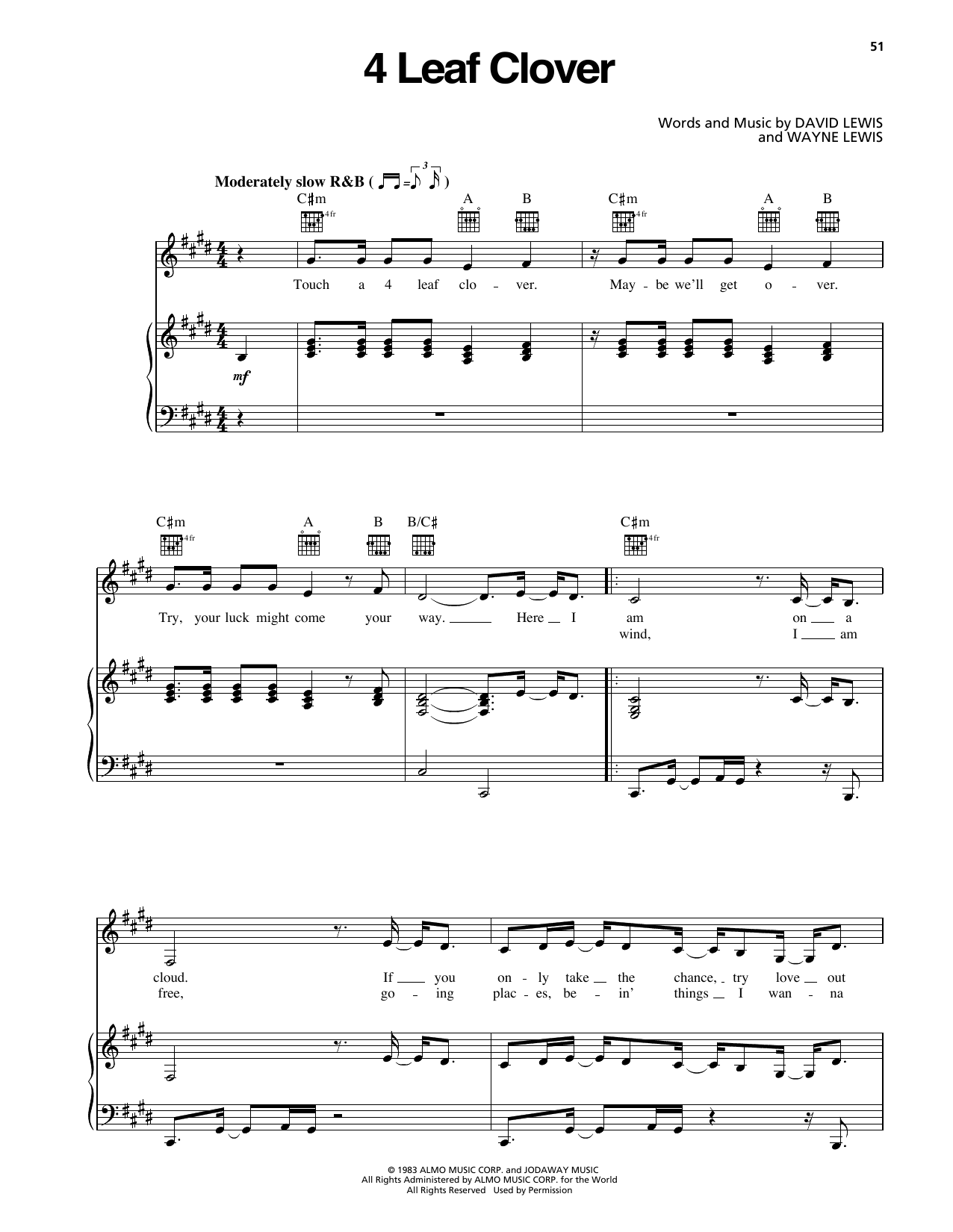 Erykah Badu 4 Leaf Clover sheet music notes and chords arranged for Piano, Vocal & Guitar Chords (Right-Hand Melody)