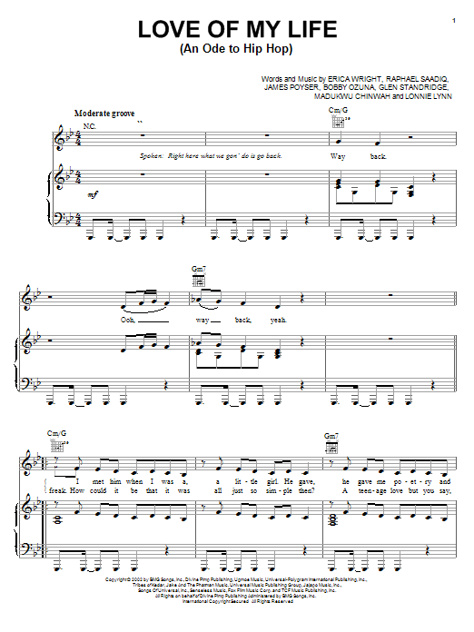 Erykah Badu Love Of My Life (An Ode To Hip Hop) sheet music notes and chords arranged for Piano, Vocal & Guitar Chords (Right-Hand Melody)