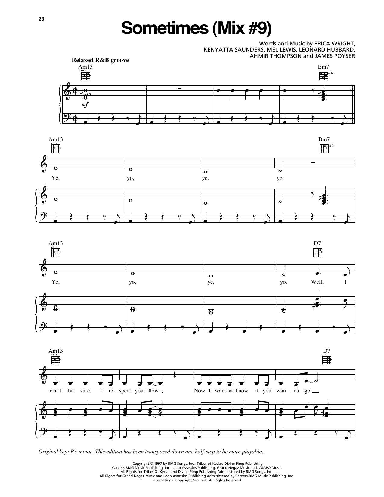 Erykah Badu Sometimes (Mix #9) sheet music notes and chords arranged for Piano, Vocal & Guitar Chords (Right-Hand Melody)