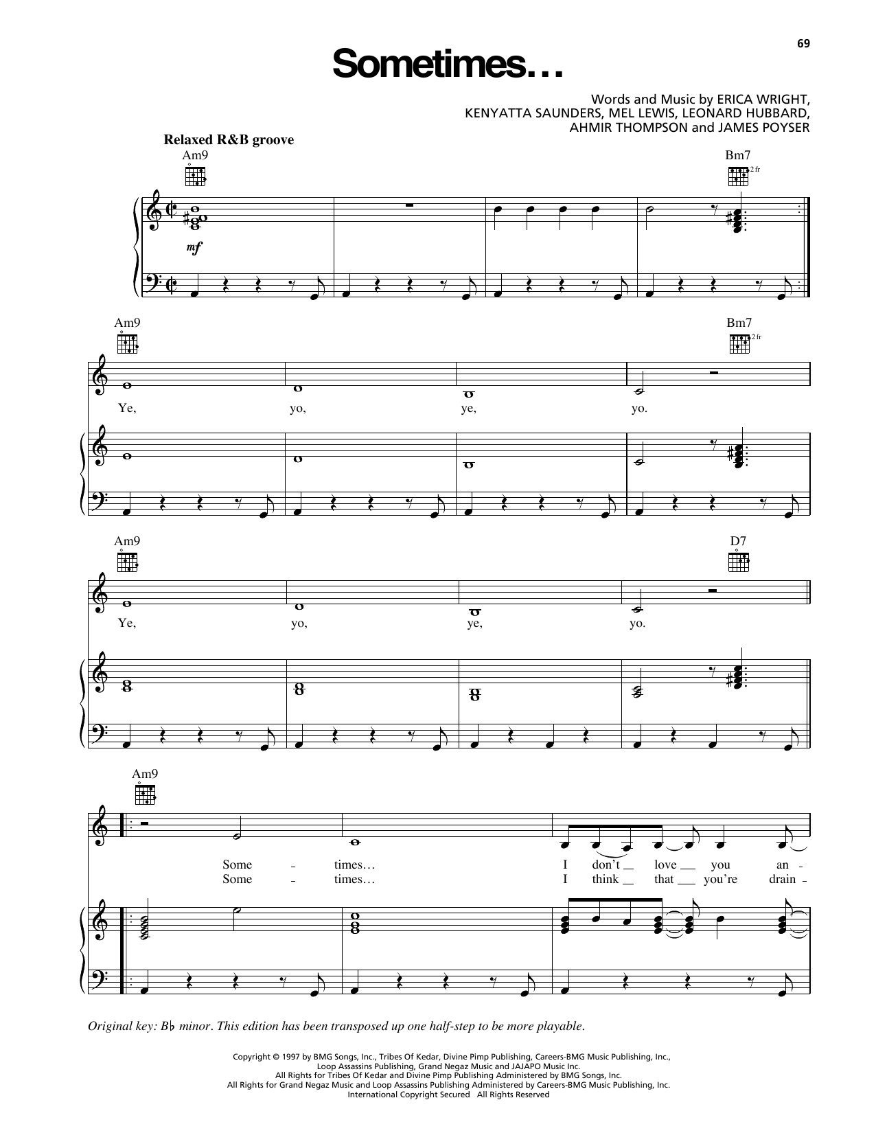 Erykah Badu Sometimes... sheet music notes and chords arranged for Piano, Vocal & Guitar Chords (Right-Hand Melody)
