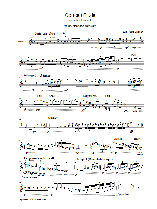 Esa-Pekka Salonen Concert Etude For Solo Horn In F sheet music notes and chords arranged for Piano, Vocal & Guitar Chords