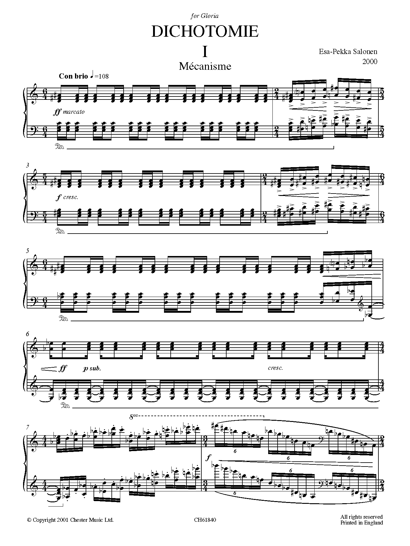 Esa-Pekka Salonen Dichotomie I - Méchanisme sheet music notes and chords arranged for Piano Solo