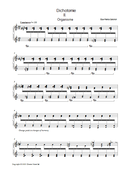 Esa-Pekka Salonen Dichotomie II - Organisme sheet music notes and chords arranged for Piano Solo
