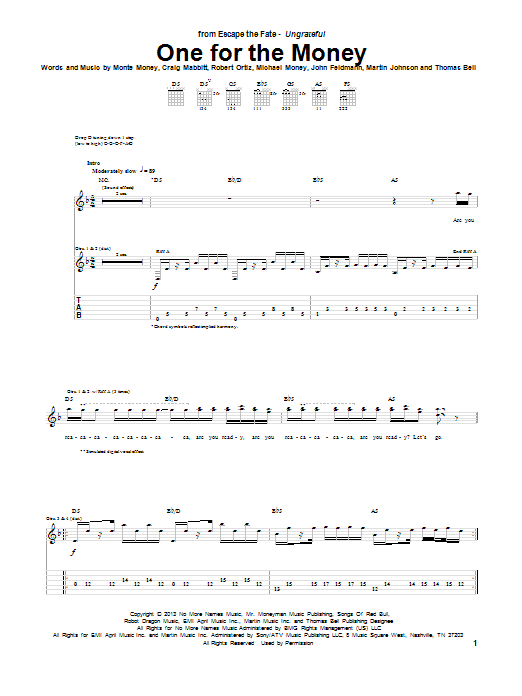 Escape the Fate One For The Money sheet music notes and chords arranged for Guitar Tab