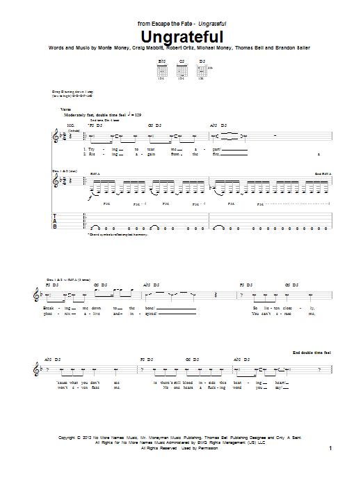 Escape the Fate Ungrateful sheet music notes and chords arranged for Guitar Tab
