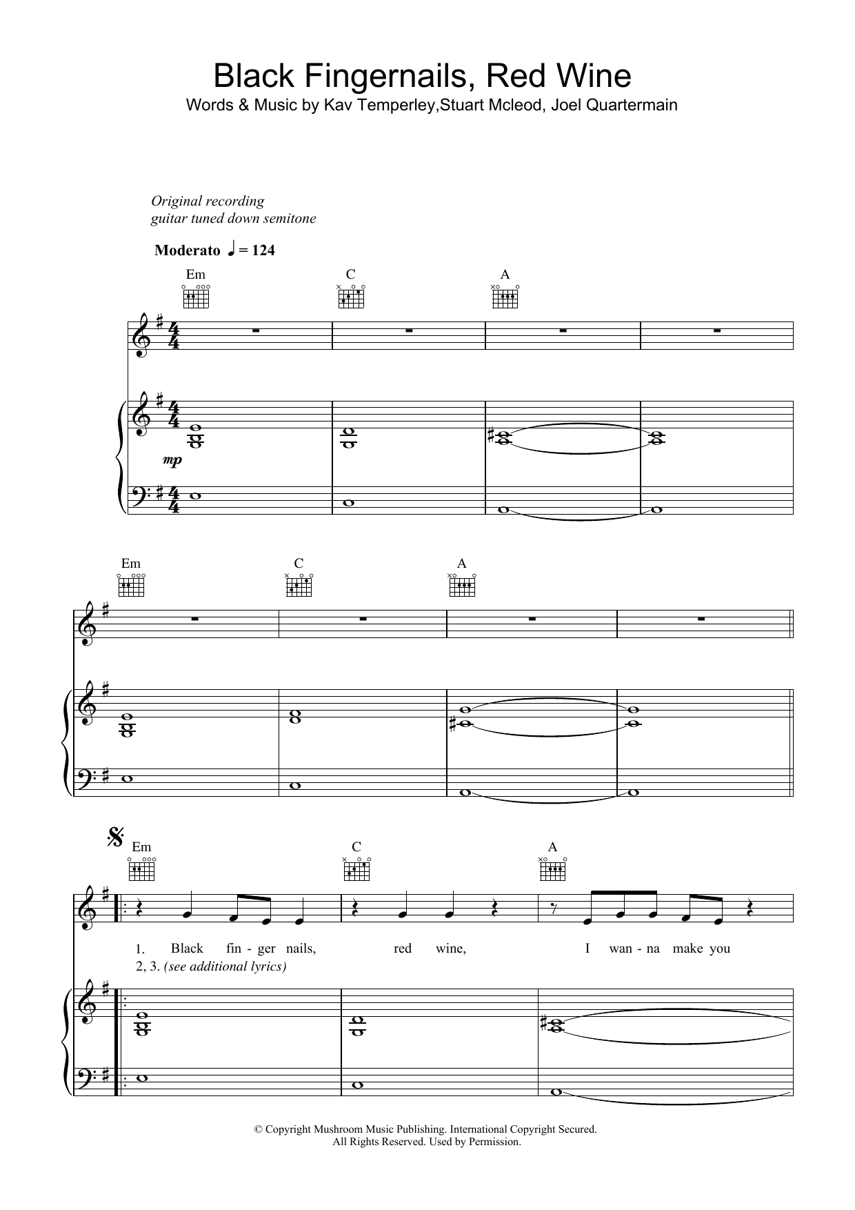 Eskimo Joe Black Fingernails, Red Wine sheet music notes and chords arranged for Piano, Vocal & Guitar Chords