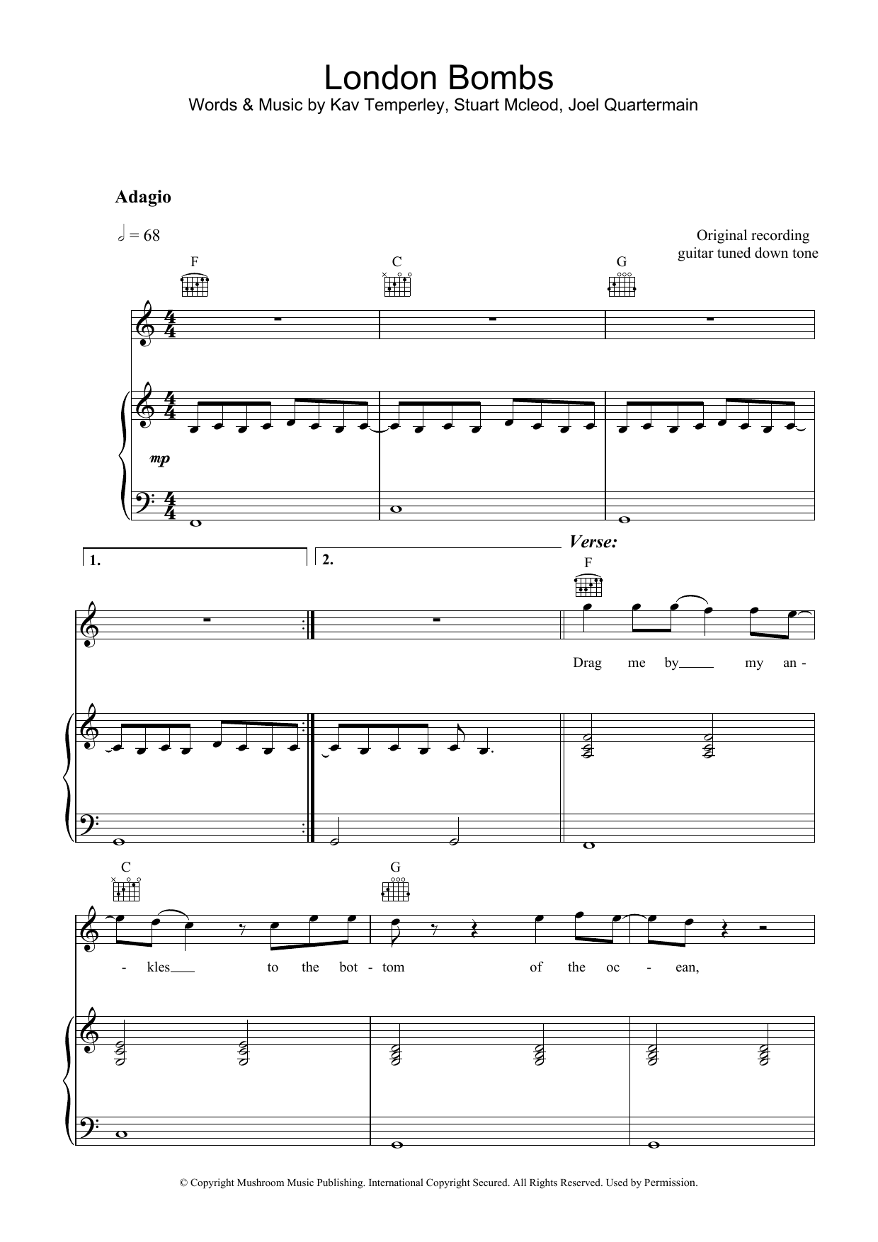 Eskimo Joe London Bombs sheet music notes and chords arranged for Piano, Vocal & Guitar Chords