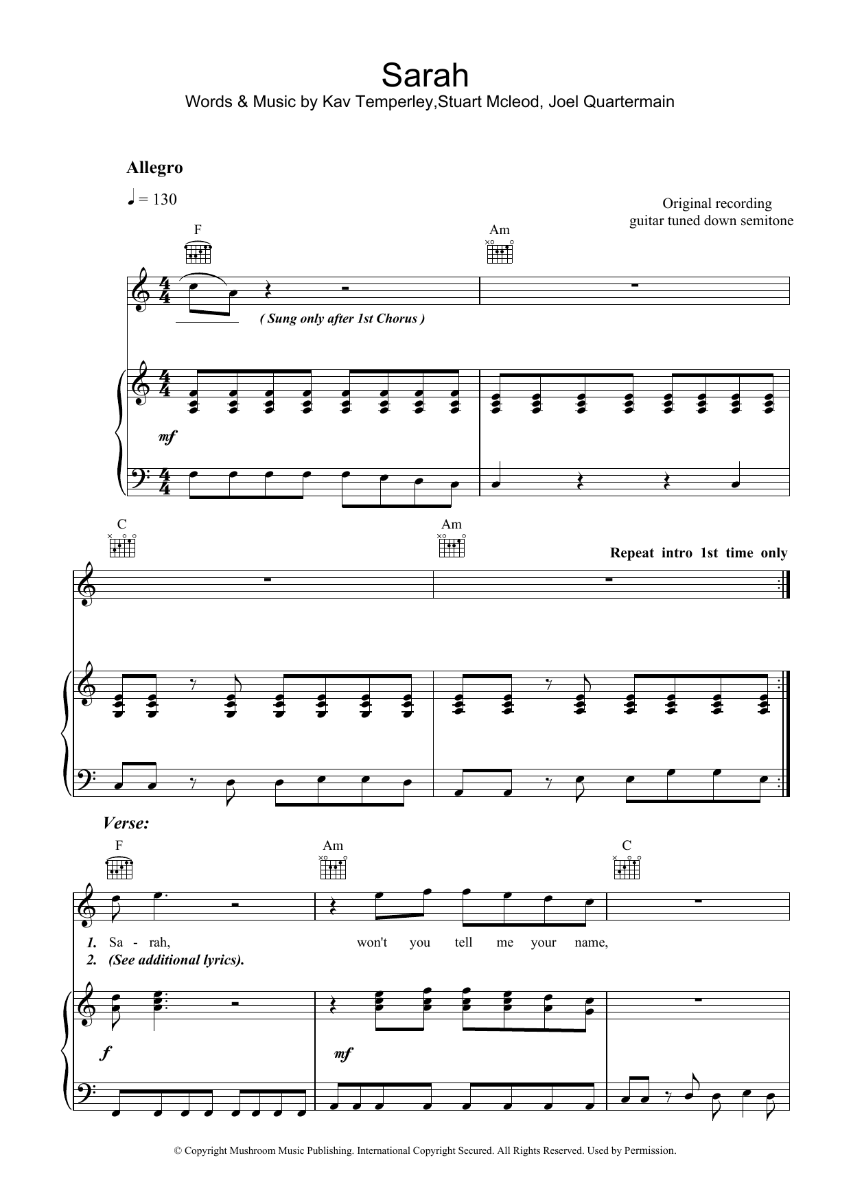 Eskimo Joe Sarah sheet music notes and chords arranged for Piano, Vocal & Guitar Chords