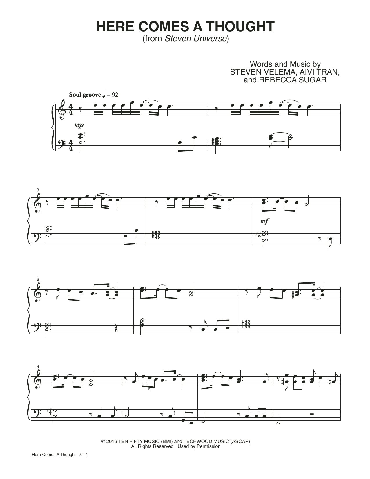 Estelle & AJ Michalka Here Comes A Thought (from Steven Universe) sheet music notes and chords arranged for Piano, Vocal & Guitar Chords (Right-Hand Melody)