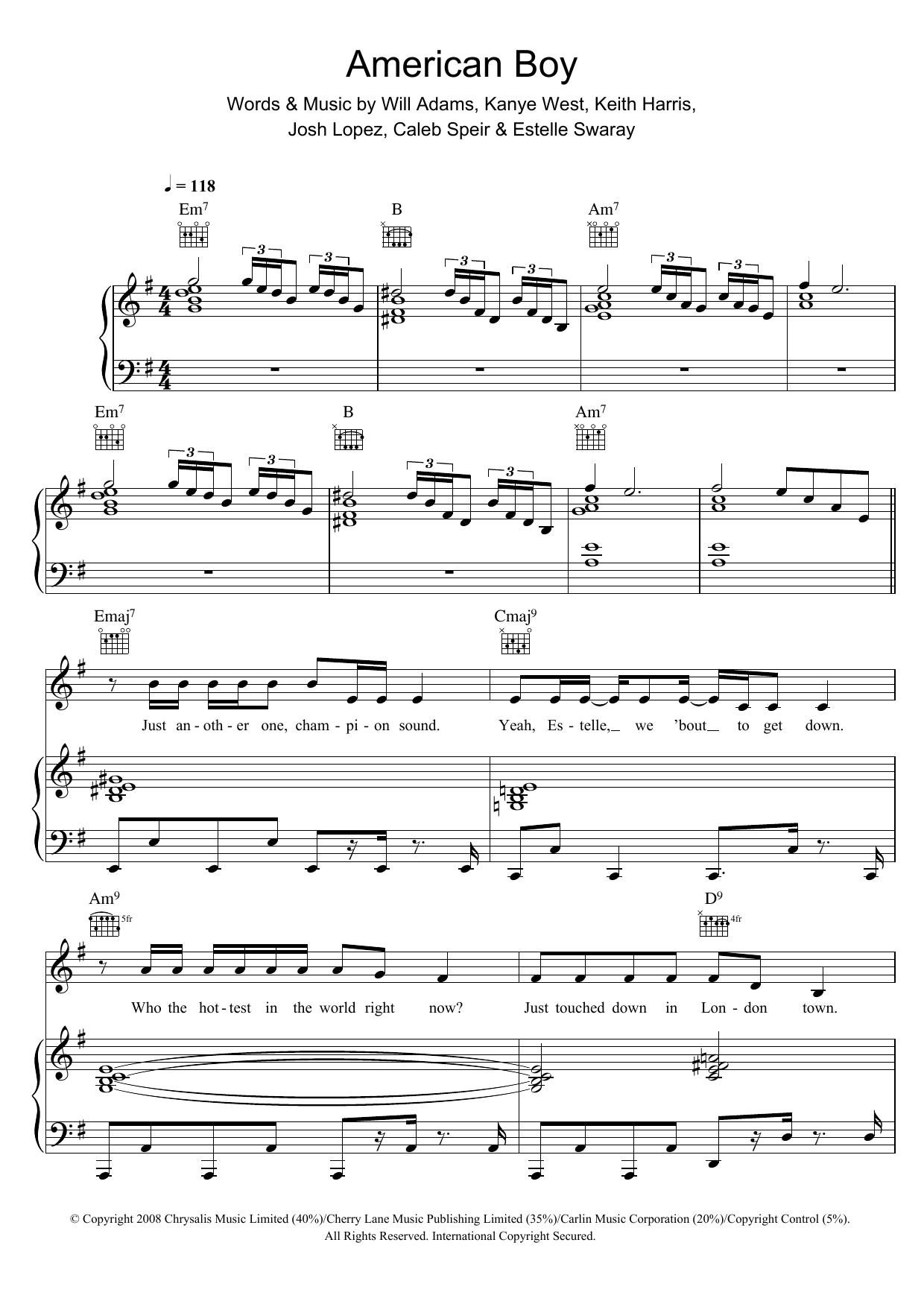 Estelle American Boy (featuring Kanye West) sheet music notes and chords arranged for Piano Chords/Lyrics