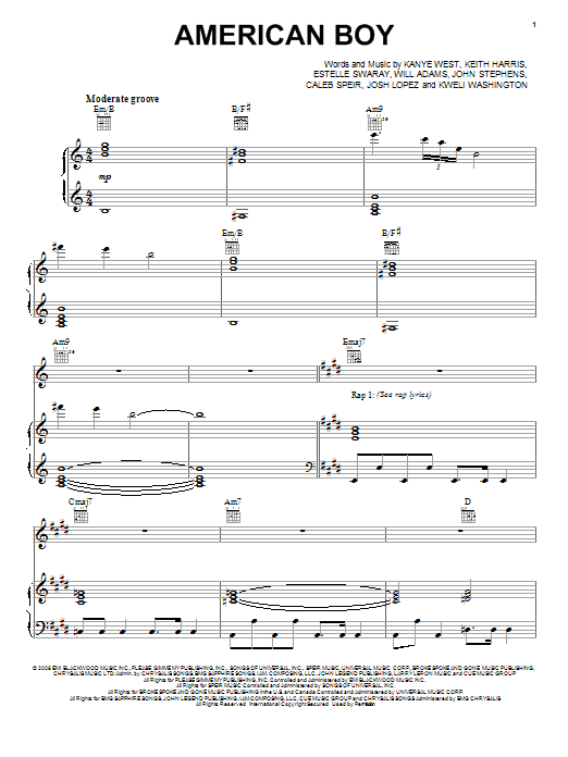 Estelle featuring Kanye West American Boy sheet music notes and chords arranged for Piano, Vocal & Guitar Chords (Right-Hand Melody)