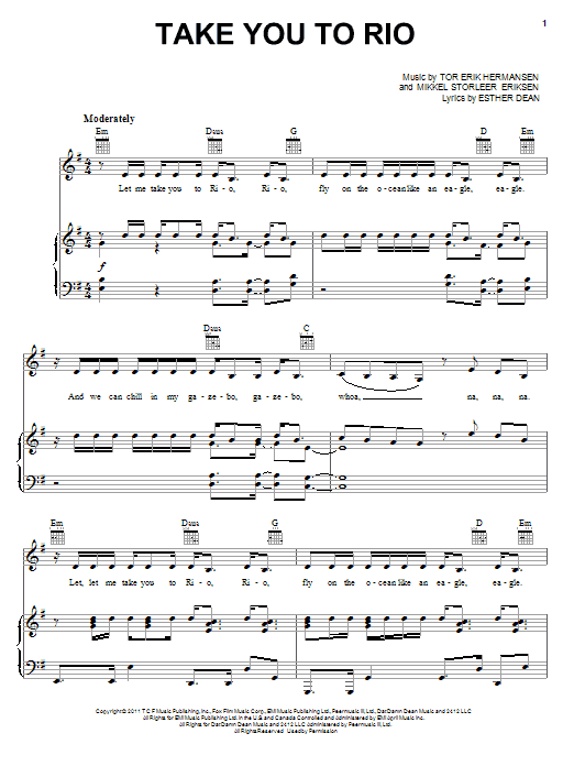 Esther Dean Take You To Rio sheet music notes and chords arranged for Piano, Vocal & Guitar Chords (Right-Hand Melody)