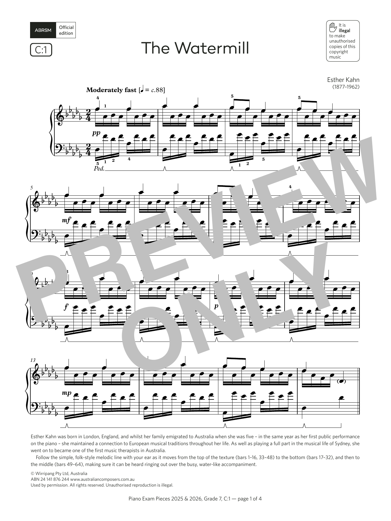 Esther Kahn The Watermill (Grade 7, list C1, from the ABRSM Piano Syllabus 2025 & 2026) sheet music notes and chords arranged for Piano Solo