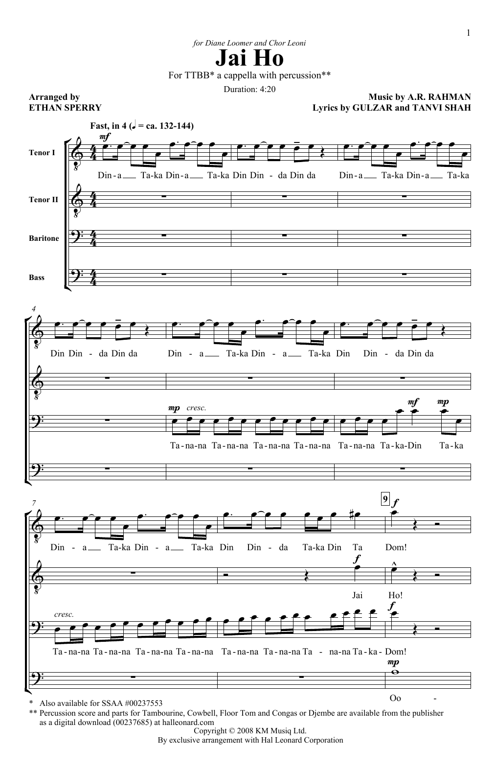 Ethan Sperry Jai Ho sheet music notes and chords arranged for TTBB Choir