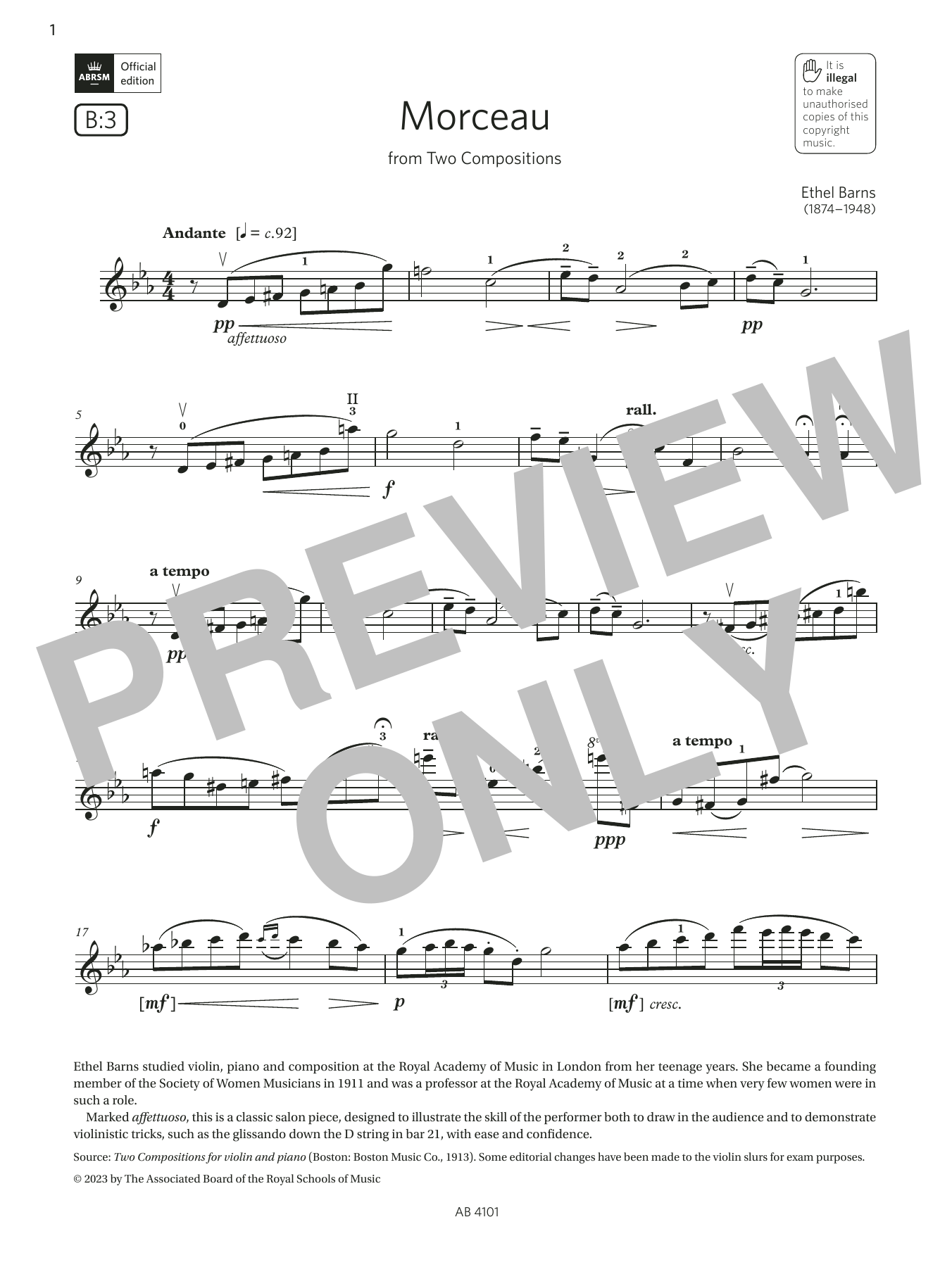 Ethel Barns Morceau (Grade 7, B3, from the ABRSM Violin Syllabus from 2024) sheet music notes and chords arranged for Violin Solo