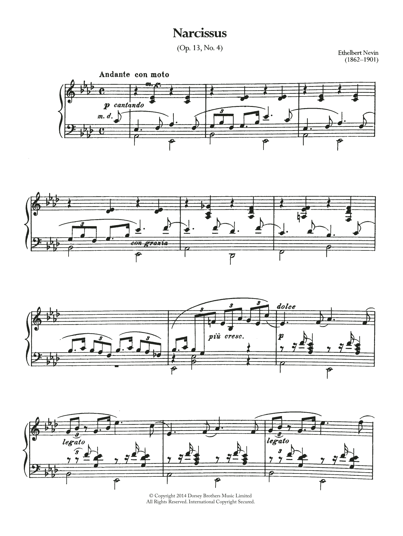 Ethelbert Nevin Narcissus (Opus 13 No.4) sheet music notes and chords arranged for Piano Solo
