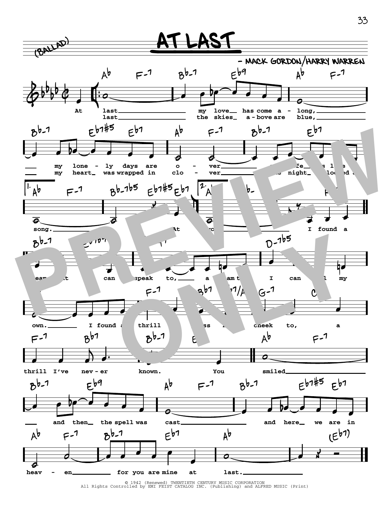 Etta James At Last (Low Voice) sheet music notes and chords arranged for Real Book – Melody, Lyrics & Chords