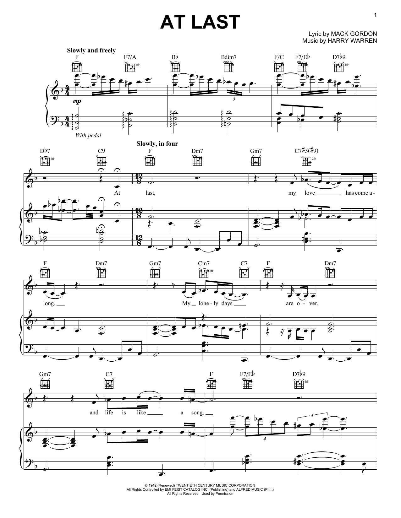 Etta James At Last sheet music notes and chords arranged for Piano, Vocal & Guitar Chords (Right-Hand Melody)