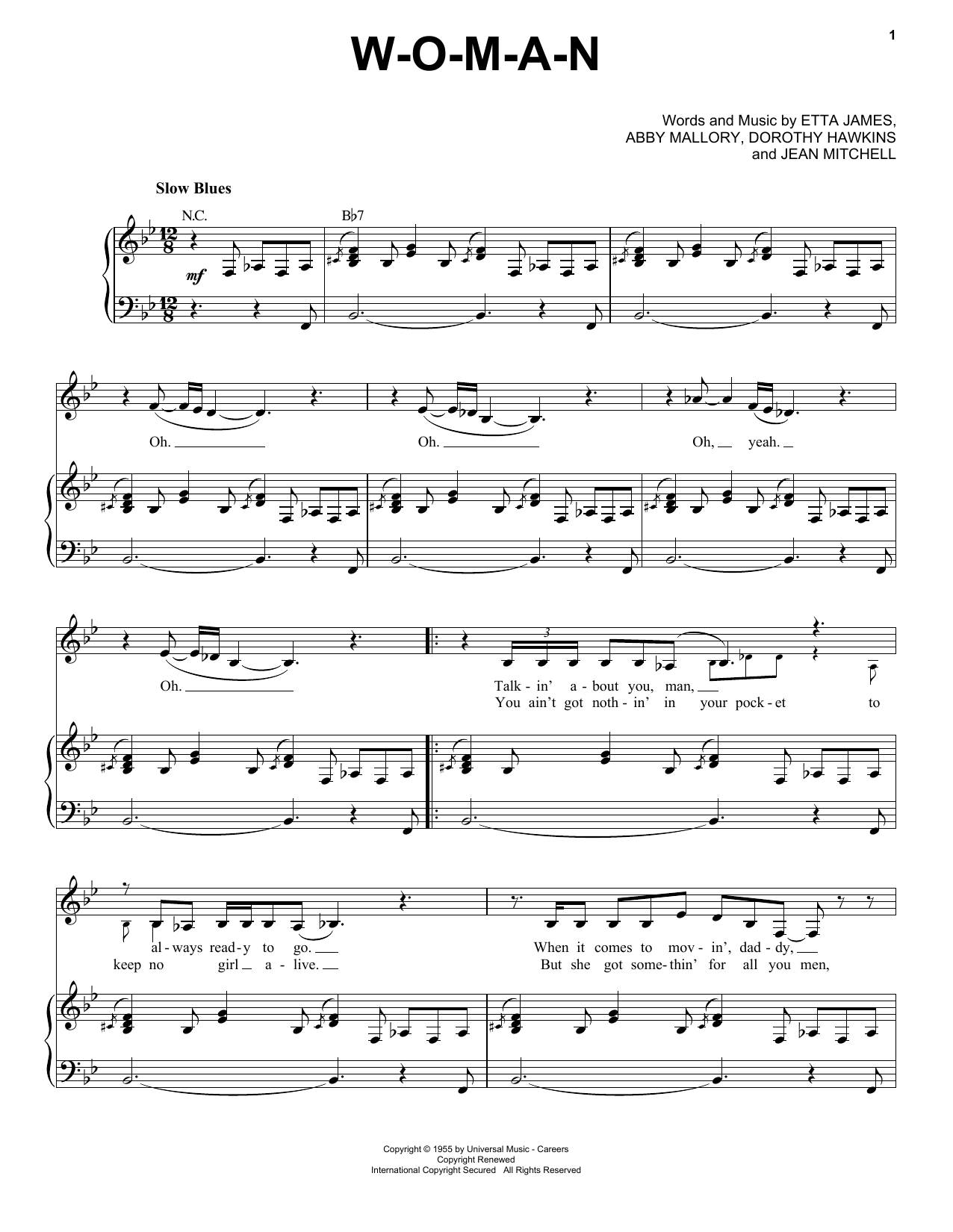 Etta James W-O-M-A-N sheet music notes and chords arranged for Piano & Vocal