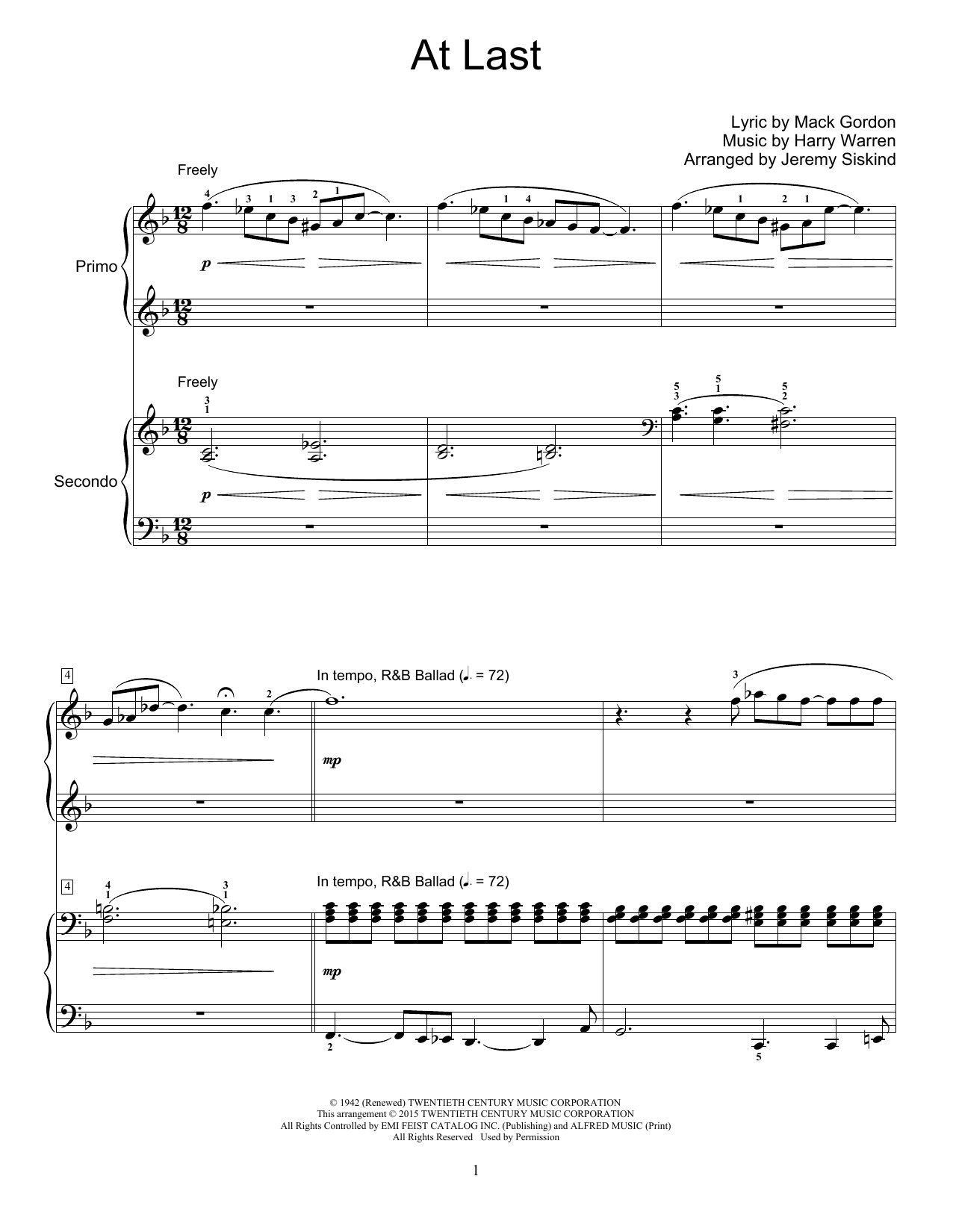 Etta James At Last (arr. Jeremy Siskind) sheet music notes and chords arranged for Piano Duet