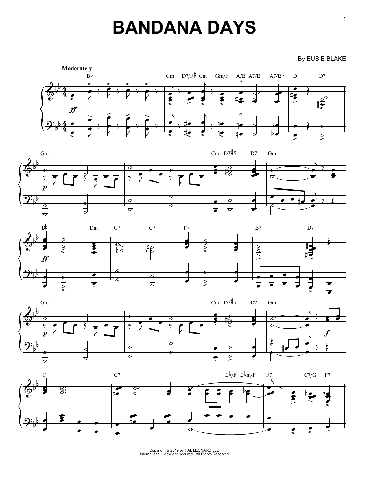 Eubie Blake Bandana Days [Jazz version] sheet music notes and chords arranged for Piano Solo