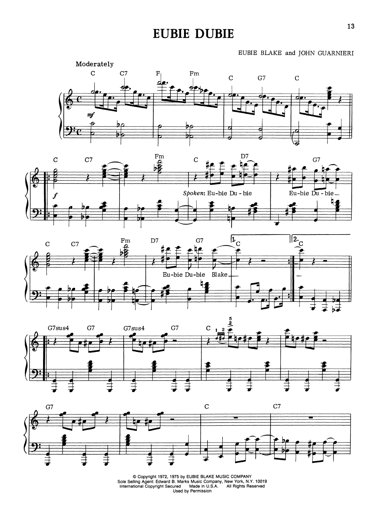 Eubie Blake Eubie Dubie sheet music notes and chords arranged for Piano Solo