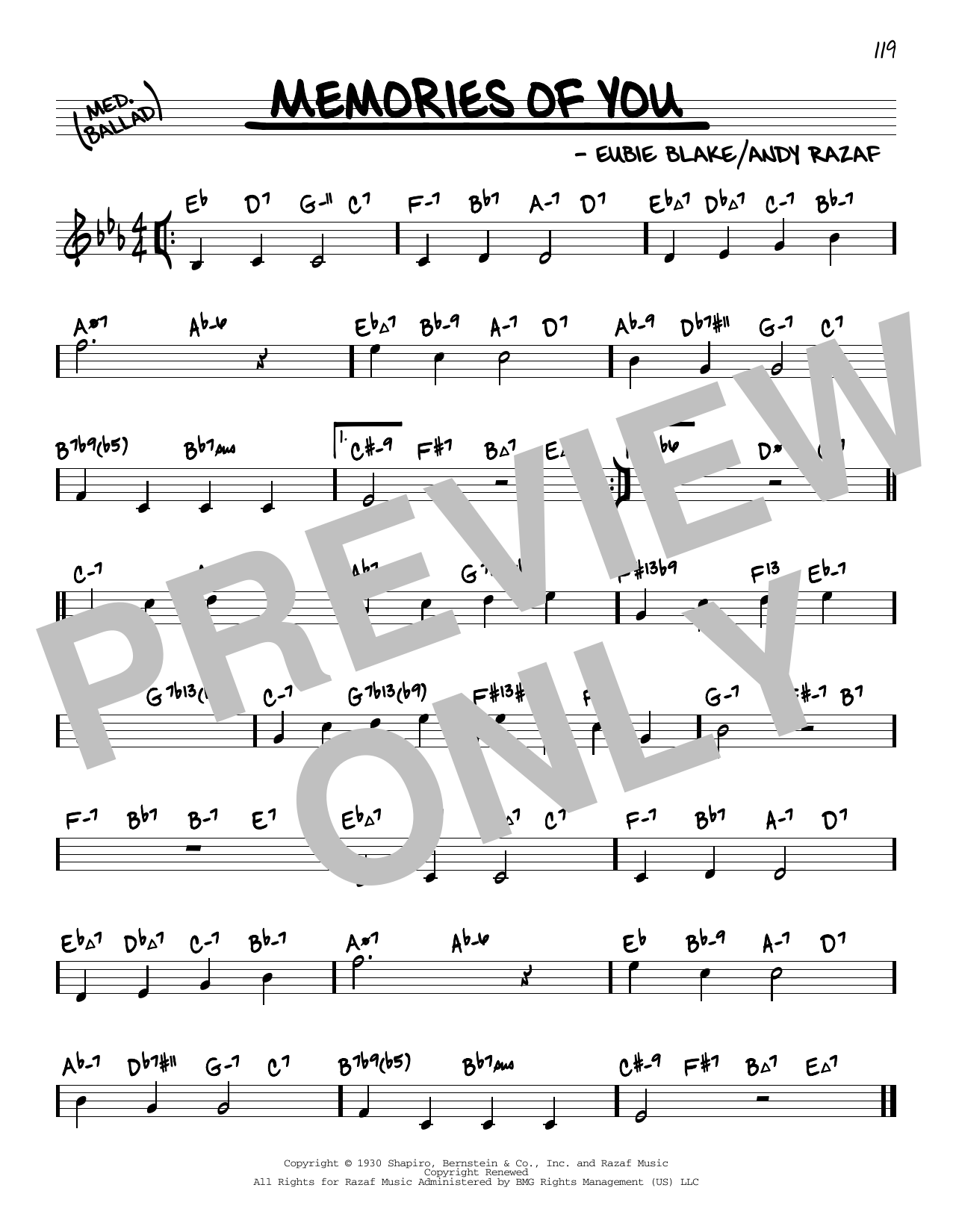 Eubie Blake Memories Of You (arr. David Hazeltine) sheet music notes and chords arranged for Real Book – Enhanced Chords