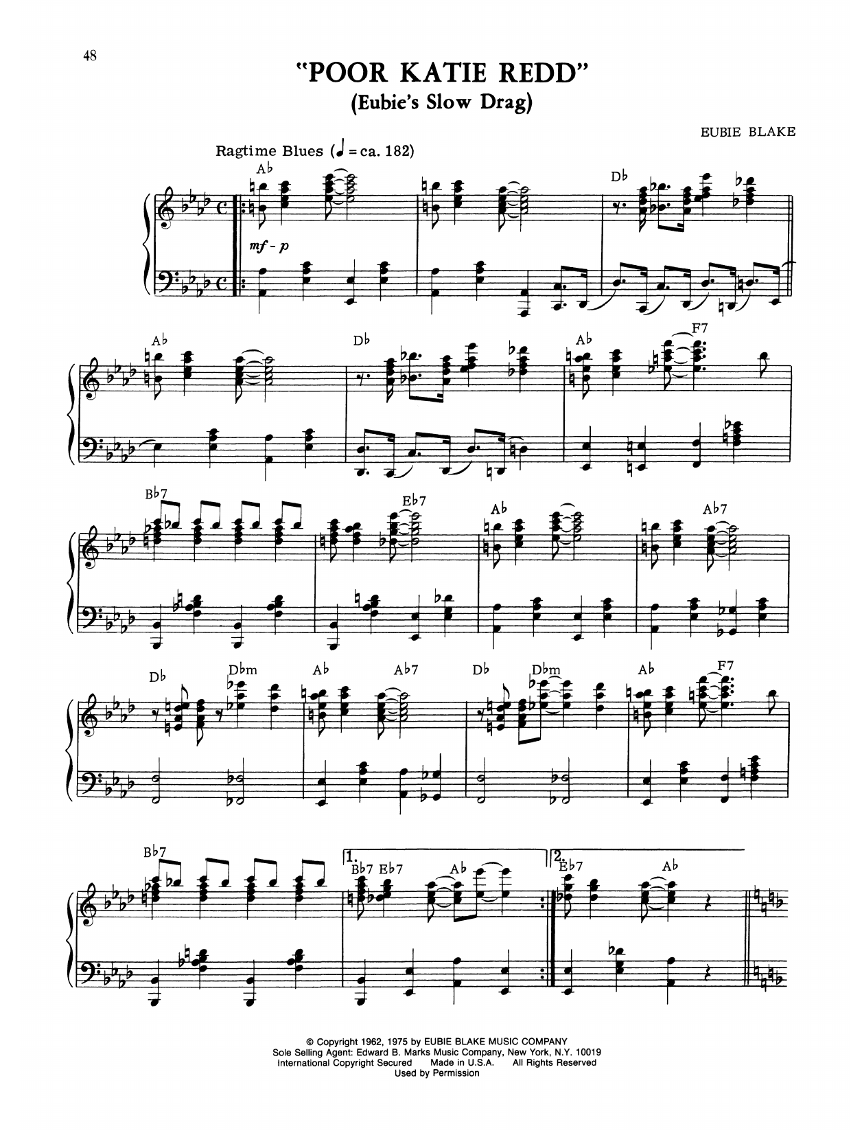 Eubie Blake Poor Katie Redd (Eubie's Slow Drag) sheet music notes and chords arranged for Piano Solo