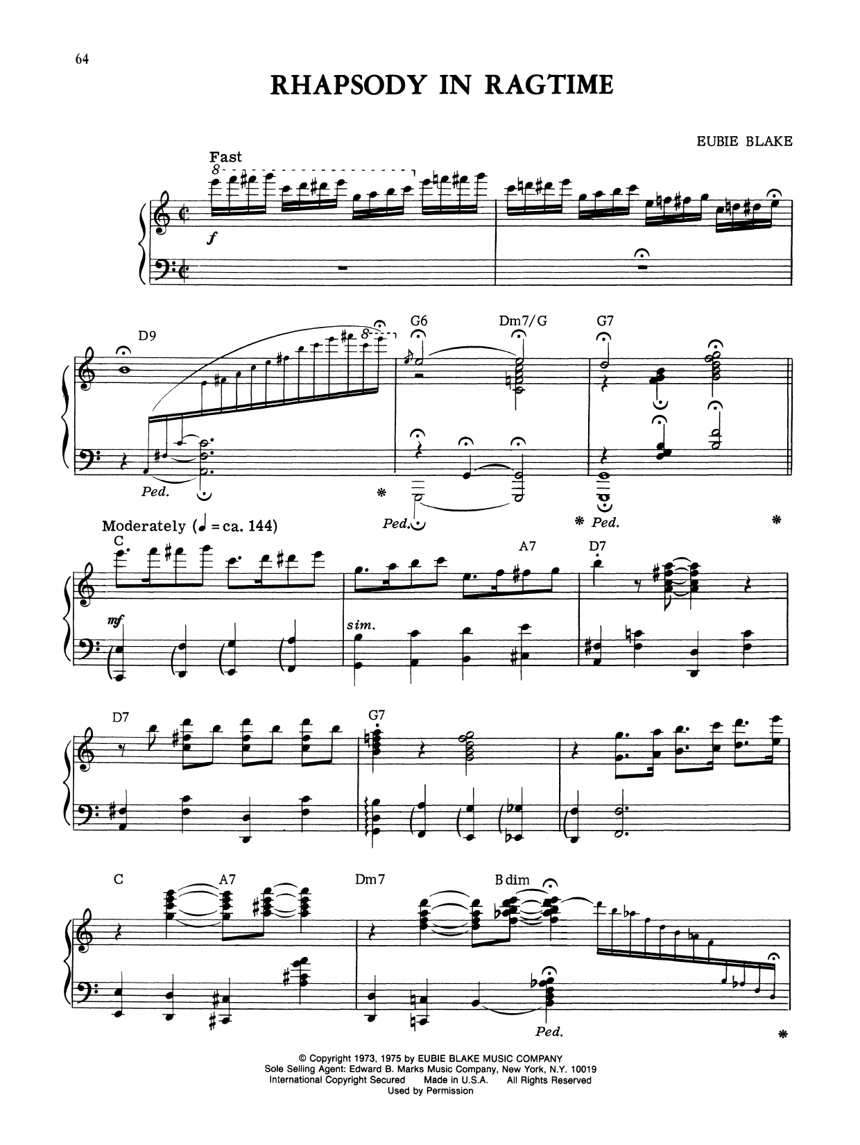 Eubie Blake Rhapsody In Ragtime sheet music notes and chords arranged for Piano Solo