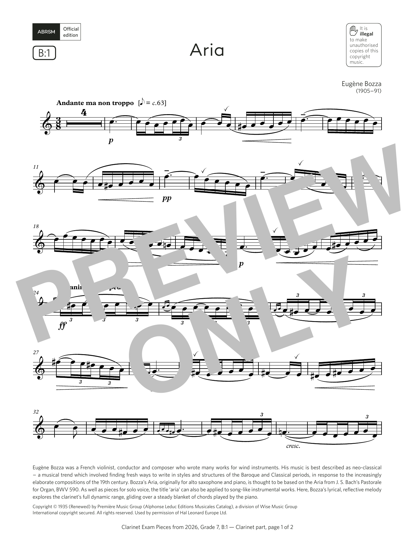 Eugène Bozza Aria (Grade 7, list B1, from the ABRSM Clarinet Syllabus from 2026) sheet music notes and chords arranged for Clarinet Solo