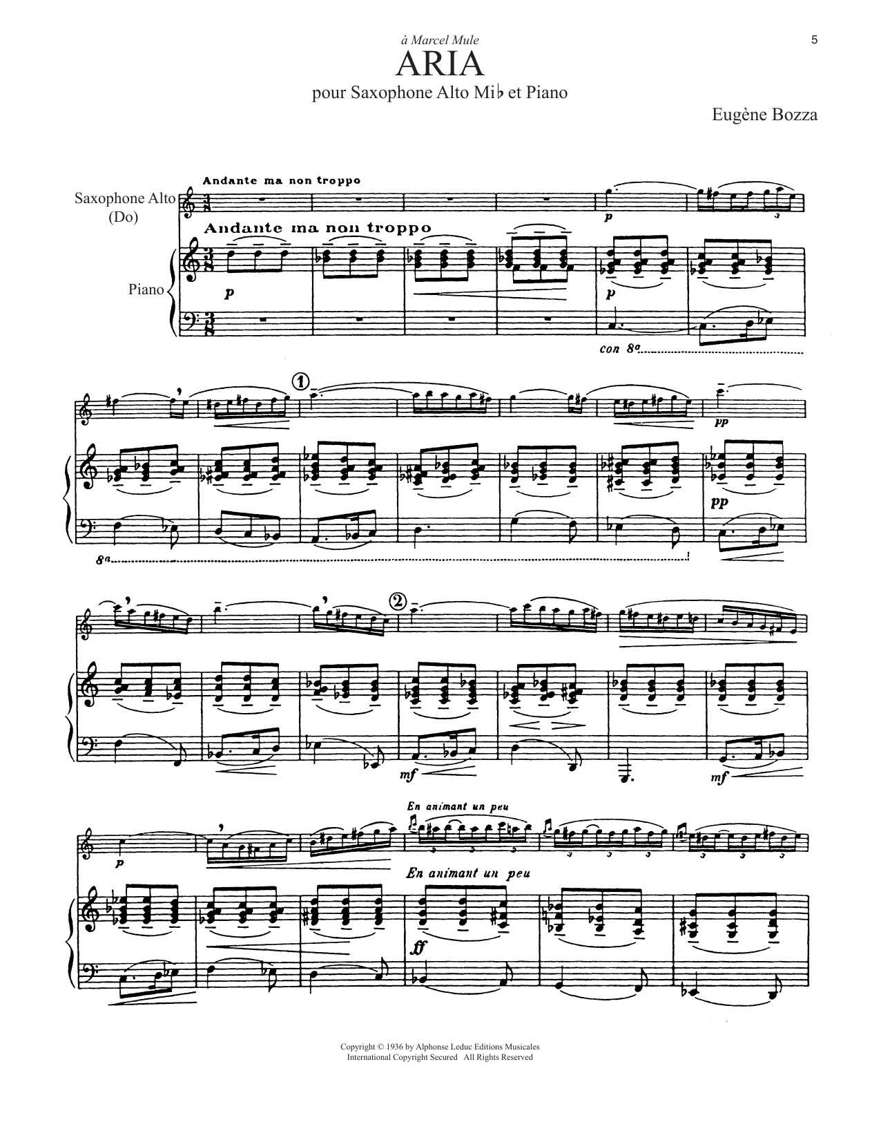 Eugène Bozza Aria sheet music notes and chords arranged for Alto Sax and Piano