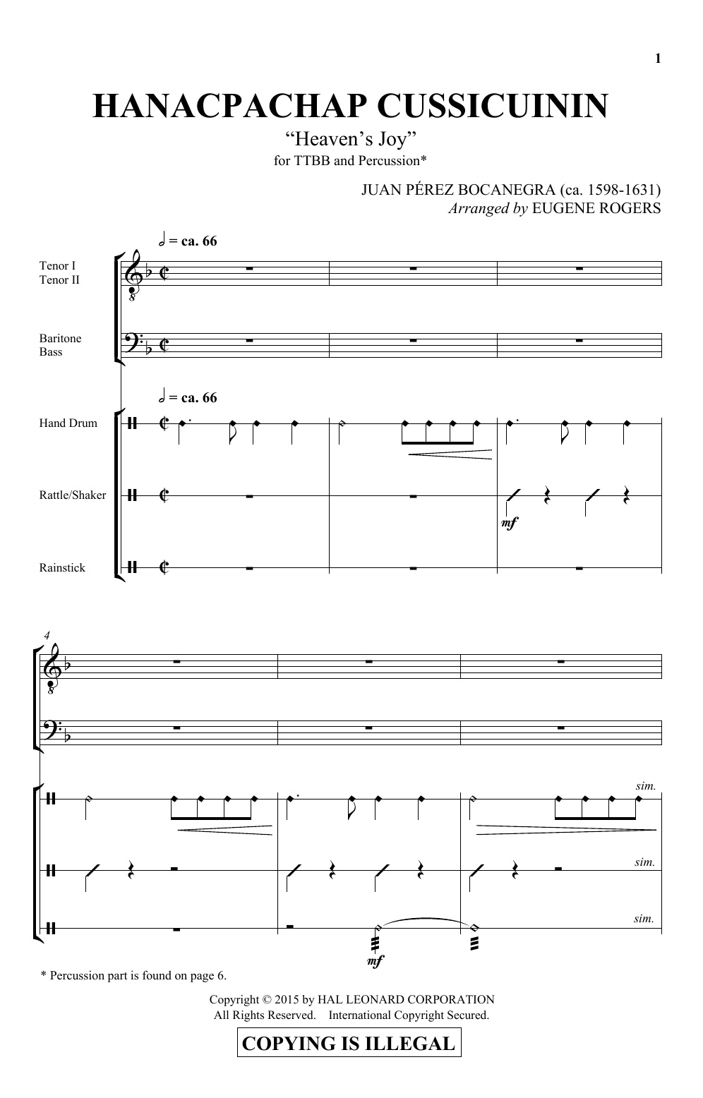 Eugene Rogers Hanacpachap Cussicuinin sheet music notes and chords arranged for TTBB Choir